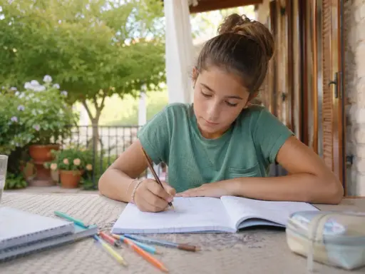 Ragazza concentrata sui compiti vacanze estive all'aperto, tra quaderni e matite colorate.
