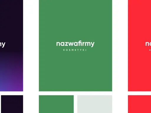 Trzy logotypy: "nazwafirmy INNOWACJE" na tle gradientu od granatowego do niebieskiego, "nazwafirmy KOSMETYKI" na zielonym tle, "nazwafirmy AGENCJA REKLAMY" na czerwonym tle. Kolor niebieski symbolizuje spokój i innowacje.
