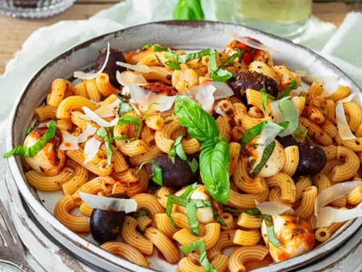Ein köstlicher mediterraner Nudelsalat mit Pasta, Oliven, Mozzarella-Bällchen und frischem Basilikum, garniert mit Parmesan.
