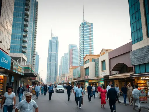 Menschen schlendern durch eine belebte Straße in Dubai, flankiert von modernen Wolkenkratzern und Geschäften.
