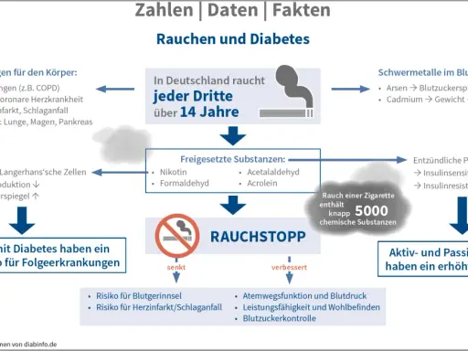 Rauchen bei Diabetes erhöht das Risiko für Folgeerkrankungen. Zigaretten enthalten schädliche Substanzen, die Blutzucker und Insulin beeinflussen.