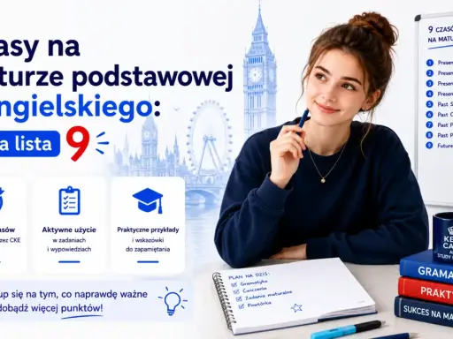 Dziewczyna uczy się do matury z angielskiego, skupiając się na 9 czasach, w tym na **future simple**. Na tablicy lista czasów, a obok książki i kubek z napisem "Keep calm and study English".