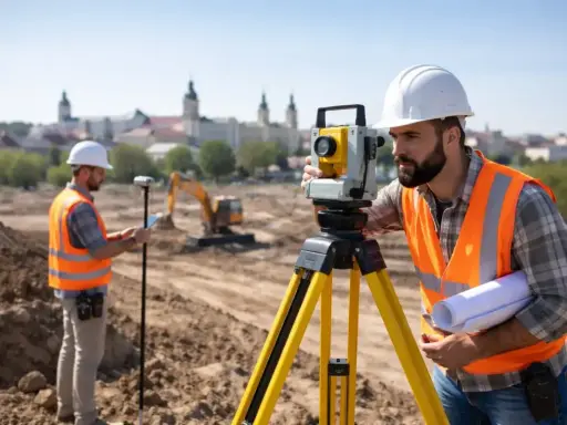 Geodeci pracują na budowie, jeden z nich obsługuje tachimetr, drugi sprawdza dane na tablecie. Zastanawiasz się, ile bierze geodeta za wytyczenie działki?