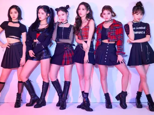 Sex k-pop-inspirerade tjejer poserar i coola outfits med rutiga kjolar och stövlar.