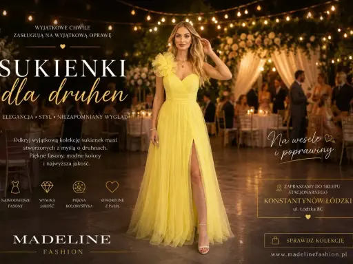 Eleganckie sukienki na wesele 2026 dla druhen. Modelka w żółtej sukni maxi z rozcięciem. Odkryj kolekcję Madeline Fashion.