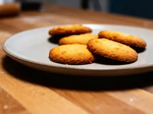 Assiette de sablés fondants au beurre, dorés et appétissants, sur un fond en bois.