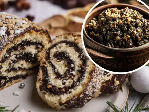 Mak mielony suchy jak przygotować: pyszny makowiec z bakaliami i miseczka masy makowej.