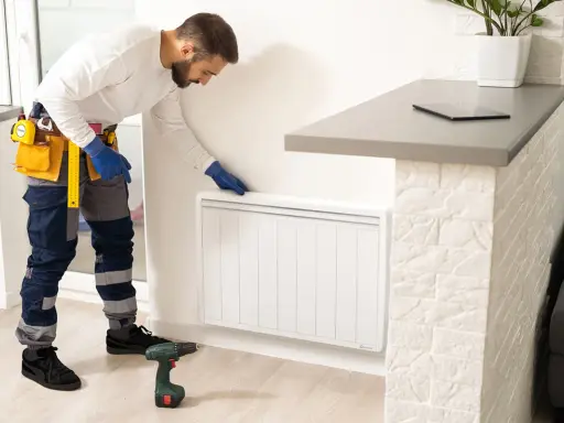 Un technicien en bleu, avec une ceinture à outils, installe un radiateur à inertie. Il est prêt à brancher le radiateur inertie sur prise de courant.