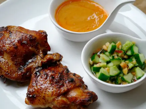 Krispigt, glansigt sticky chicken serveras med en krämig sås och en fräsch gurksallad.