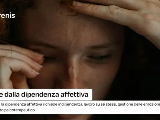 Ragazza con mano sulla fronte, testo "Uscire dalla dipendenza affettiva". Superare la dipendenza affettiva richiede indipendenza e lavoro su sé stessi.