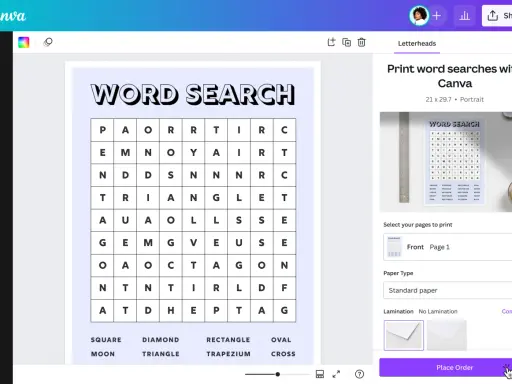 Creare rebus online è facile con Canva. Qui vedi un modello di "Word Search" pronto per essere stampato.