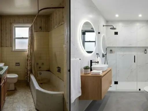 Avant/après d'une salle de bain : d'un espace vieillot à un relooking salle de bain moderne et lumineux avec douche à l'italienne et mobilier suspendu.