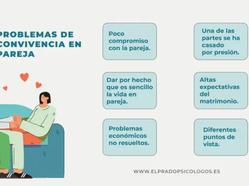 Ilustración de pareja en sofá, rodeada de corazones. El texto enumera problemas de convivencia, como la falta de compromiso o las altas expectativas, que hacen que no soporto la convivencia con mi pareja.