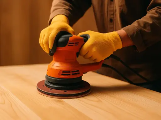 Maintenant, quelle ponceuse choisir pour meuble ? Un artisan utilise une ponceuse orbitale orange pour lisser un plateau en bois.