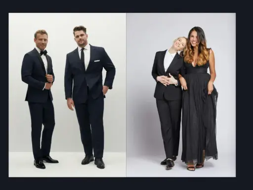 Two men in navy suits and two women in black formal wear, showcasing a sophisticated black tie dresscode.