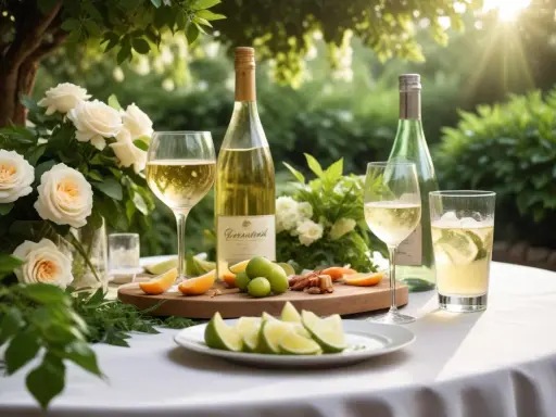 En vacker utomhusdukning med vita rosor, vinflaskor, glas med vitt vin och limeklyftor. En perfekt miljö för att fundera över vilken alkohol som har minst kalorier.