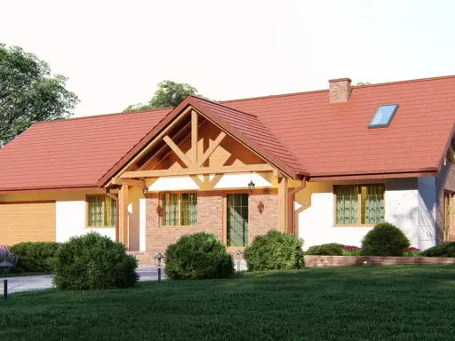 Urokliwy dom w stylu kolonialnym z czerwoną dachówką, ceglanymi detalami i drewnianą werandą, otoczony zielenią.