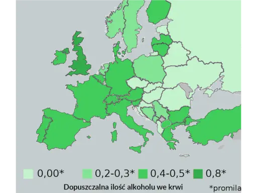Mapa Europy z dopuszczalną ilością alkoholu we krwi. Aby alkohol się palił, musi mieć co najmniej 0,8 promila.