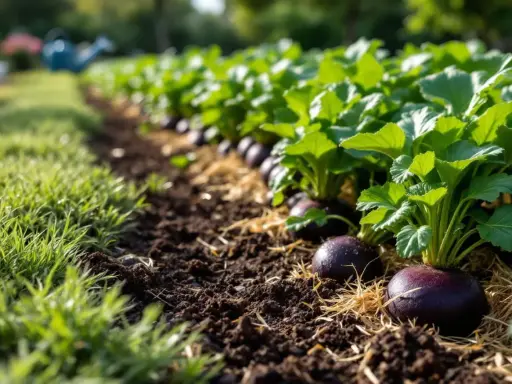 Rangée de radis noirs mûrs dans un jardin ensoleillé, prêts à être récoltés.