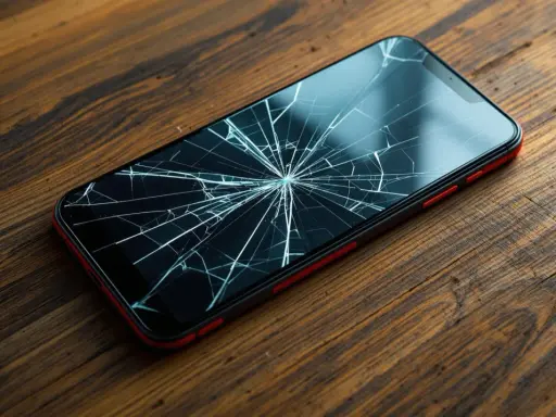 Rozbite szkło smartfona na drewnianym blacie. Czy przy wymianie wyświetlacza traci się dane? Nie, zazwyczaj dane są bezpieczne.