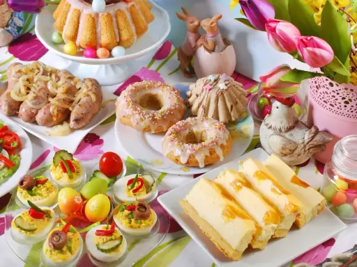 Kolorowy stół z pysznym śniadaniem wielkanocnym: babka, kiełbaski, sałatka, babeczki, sernik i jajka faszerowane.