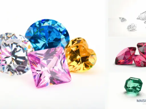 Un arcobaleno di gemme: un diamante rosa quadrato, uno zaffiro blu rotondo, un diamante giallo a forma di cuore e un diamante bianco sfaccettato.