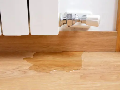La caldera pierde presión y no hay fugas visibles, pero hay agua en el suelo de madera.