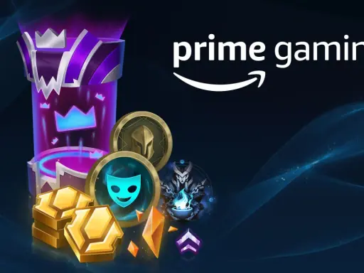 Nagrody z Prime Gaming dla graczy League of Legends: złote monety, ikony i fioletowy totem.