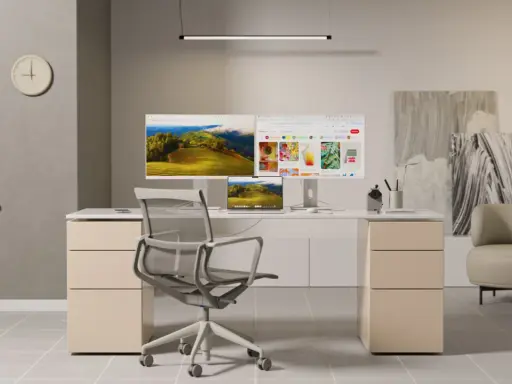 Bureau moderne avec double écran affichant des paysages et des inspirations visuelles. Une excellente recommandation écran pour un espace de travail stimulant.