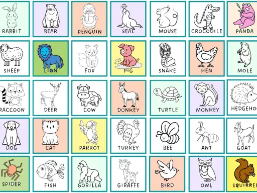 Kolorowanki po angielsku do wydruku z uroczymi zwierzątkami: królik, miś, pingwin, foka, mysz, krokodyl, panda, owca, lew, lis, świnka, wąż, kura, kret, szop, jeleń, krowa, osioł, żółw, małpa, jeż, pies, kot, papuga, indyk, pszczoła, mrówka, koza, pają...