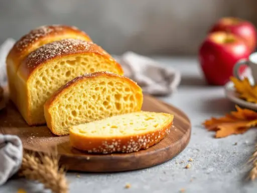 Un pain au pomme doré, tranché sur une planche en bois, avec des pommes rouges et des feuilles d'automne en arrière-plan.