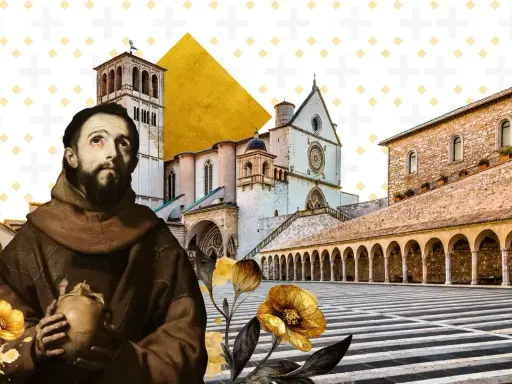 Św. Franciszek z Asyżu, patron roku św. Franciszka, w otoczeniu bazyliki i symboli życia.
