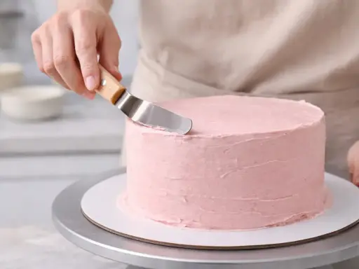 Manos expertas aplican glaseado rosa a un pastel redondo. Aprende como decorar tartas con esta técnica.