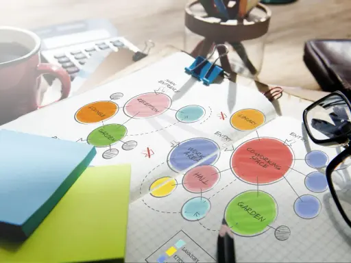 Plan przestrzeni biurowej z kolorowymi kółkami: "Co-working space", "Garden", "Lounge". Przydatne zwroty do prezentacji po angielsku.