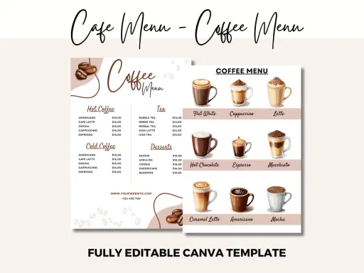 Kawiarniany menu przykład: gorące i zimne kawy, herbaty, desery, gorąca czekolada, espresso, latte, cappuccino, mocha, americano, macchiato, caramel latte.