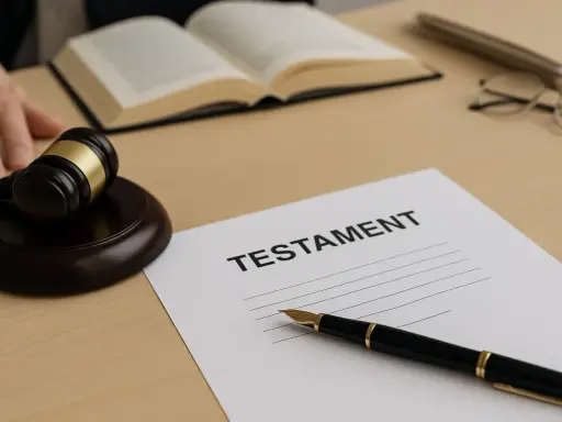 Sądowy młotek, otwarte księgi i pióro czekają na podpisanie testamentu notarialnego.