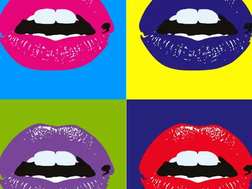 Four vibrant lips in pop art style, reminiscent of Warhol's work, against bold, contrasting backgrounds.