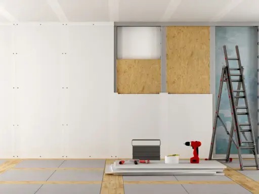 Chantier de pose de plaques de plâtre, avec échelle, perceuse et matériaux. Estimation du prix placo m2.