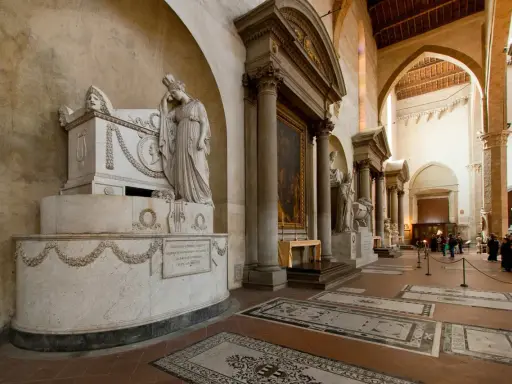 Monument funéraire imposant dans une église, où est enterré Michel Ange. La sculpture représente une femme en deuil.