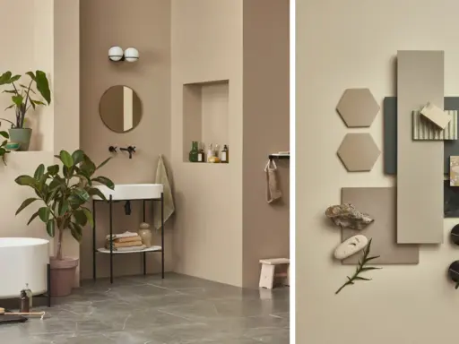 Ett modernt, målat badrum i neutrala toner med växter och en fristående badkar. Till höger en moodboard med materialprover.