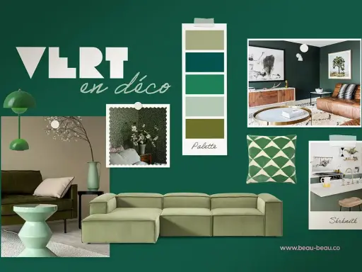 Inspiration déco : avec quelle couleur associer le vert pour une ambiance sereine. Palette de verts, canapé, coussin, cuisine et salon.