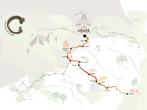 Mappa stilizzata del Cammino di Oropa, con sentieri, santuari e località.