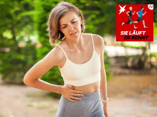 Frau mit Bauchschmerzen beim Joggen, vielleicht durchfall. Ein Logo mit Läufern ist rechts oben.