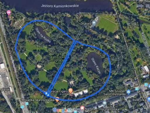 Mapa Parku Skaryszewskiego w Warszawie, idealne miejsce, gdzie biegać w Warszawie, z zaznaczonymi stawami i alejkami.