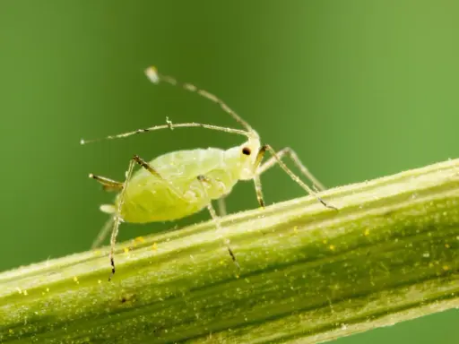 Puceron vert sur une tige, un ennemi des plantes, mais certaines plantes sont une plante anti pucerons naturelle.