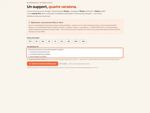 Un support pédagogique propose quatre versions d'exercices, dont une variante DYS, pour différencier l'enseignement. L'IA anonymise les données des élèves, comme un élève allophone.