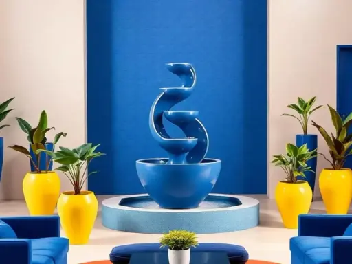 Fontaine bleue majorelle Marrakech, entourée de plantes vertes dans des pots jaunes vifs et de canapés bleus.