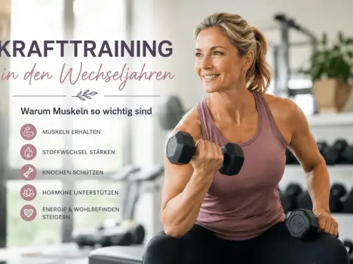 Frau hebt Hantel, zeigt Vorteile von Krafttraining in den Wechseljahren: Muskeln, Stoffwechsel, Knochen, Hormone, Energie.