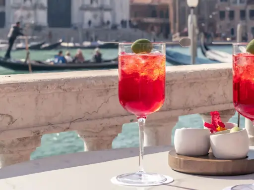 Deux Spritz vénitiens rafraîchissants sur une terrasse avec vue sur les canaux de Venise et les gondoles.