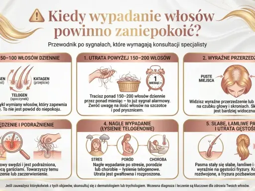 Nadmierne wypadanie włosów, przerzedzenie, swędzenie skóry głowy, łamliwe pasma – to sygnały, od czego wypadają włosy i kiedy warto skonsultować się ze specjalistą.
